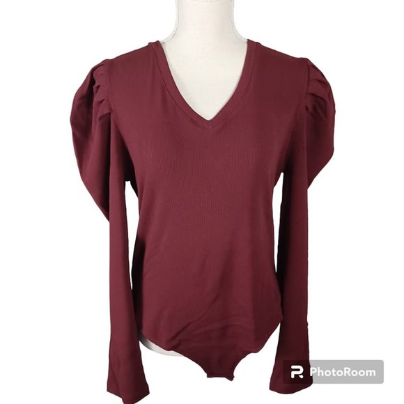 Reoria Bodysuit NEW Large Red -Long Ruffle Sleeve -V-Neck **SEE MEASUREMENTS** - Picture 1 of 15